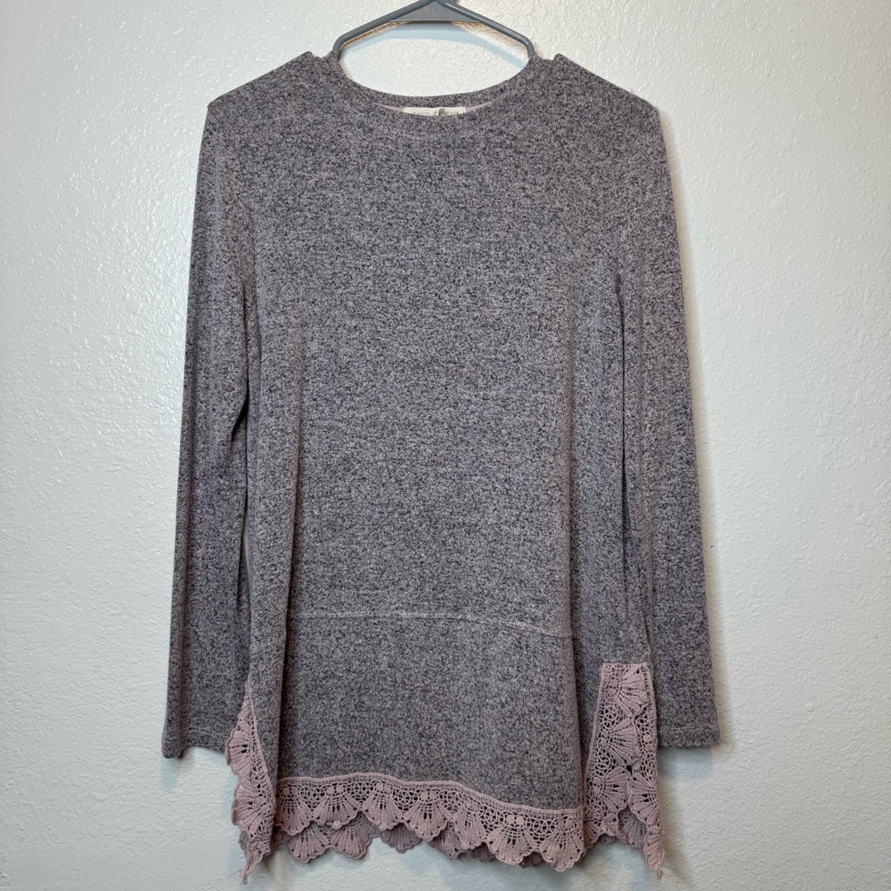 Cactus + Pearl Crewneck Sweater Tunic with Lace Trim Size Small Cottage Granny